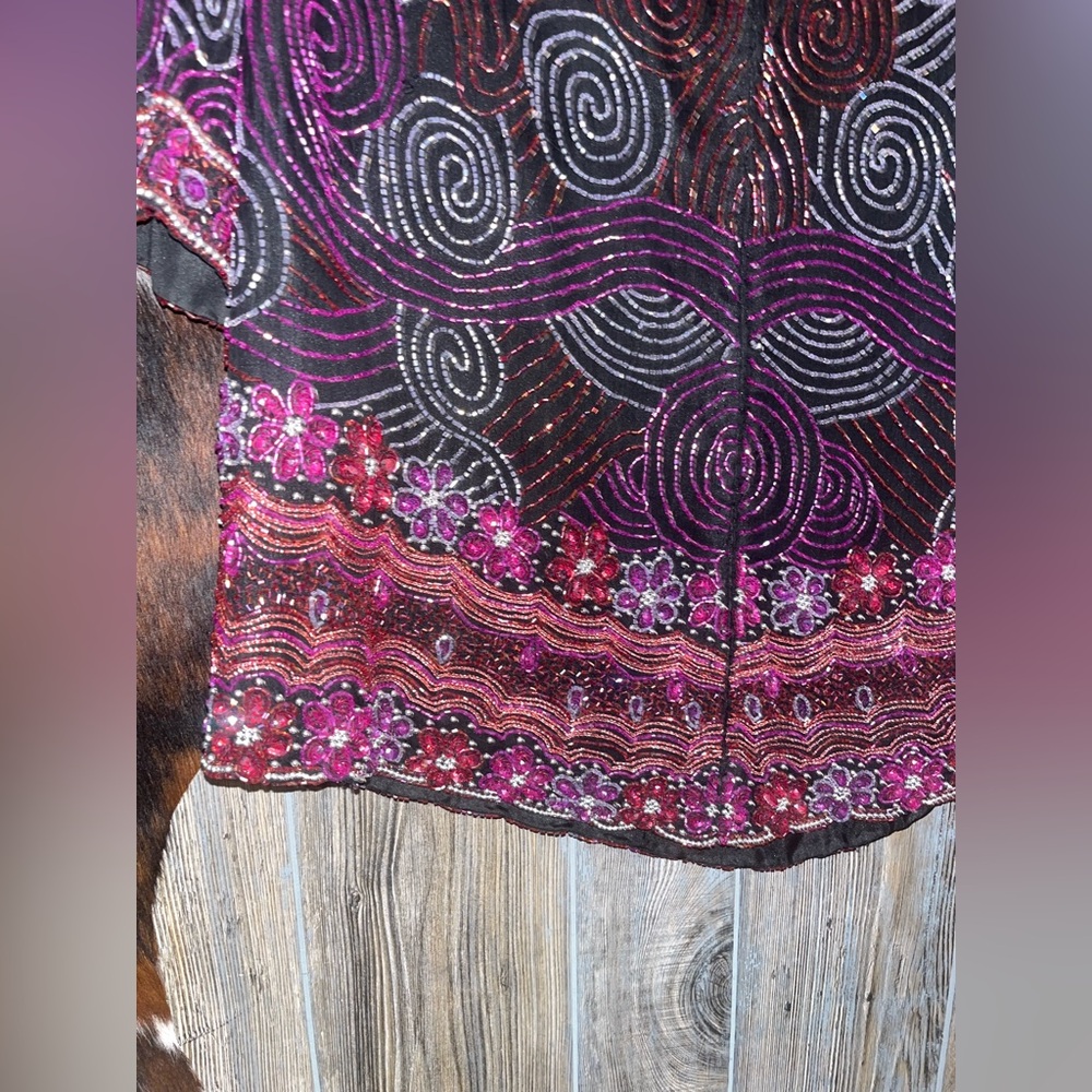 Laurence Kazar black 100% silk beaded pink and purple floral swirl top size 1X - Picture 5 of 7
